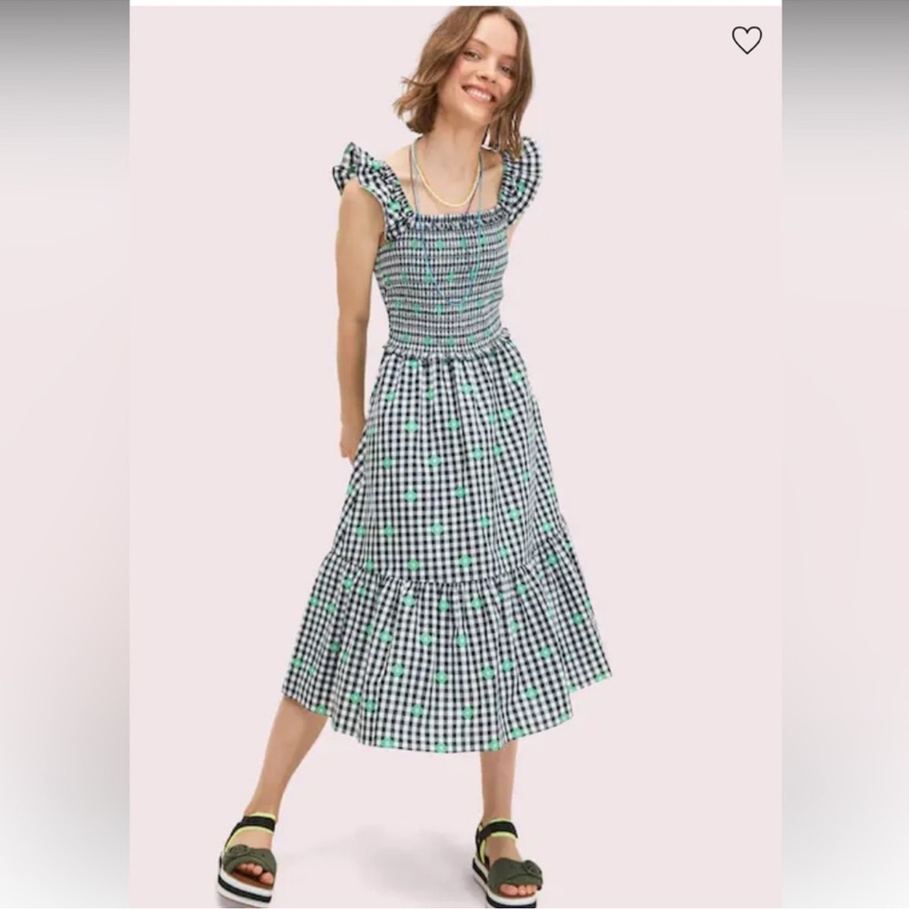 Kate Spade Embroidered Black & White Gingham Voile Smocked Midi Dress Size M EUC